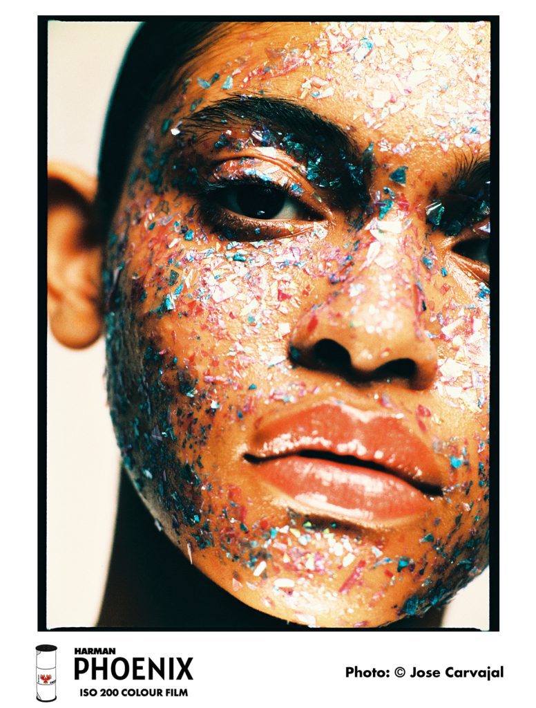 Image of a model with glitter on her face - shot by Jose Caravajal on HARMAN Phoenix 200 120 film