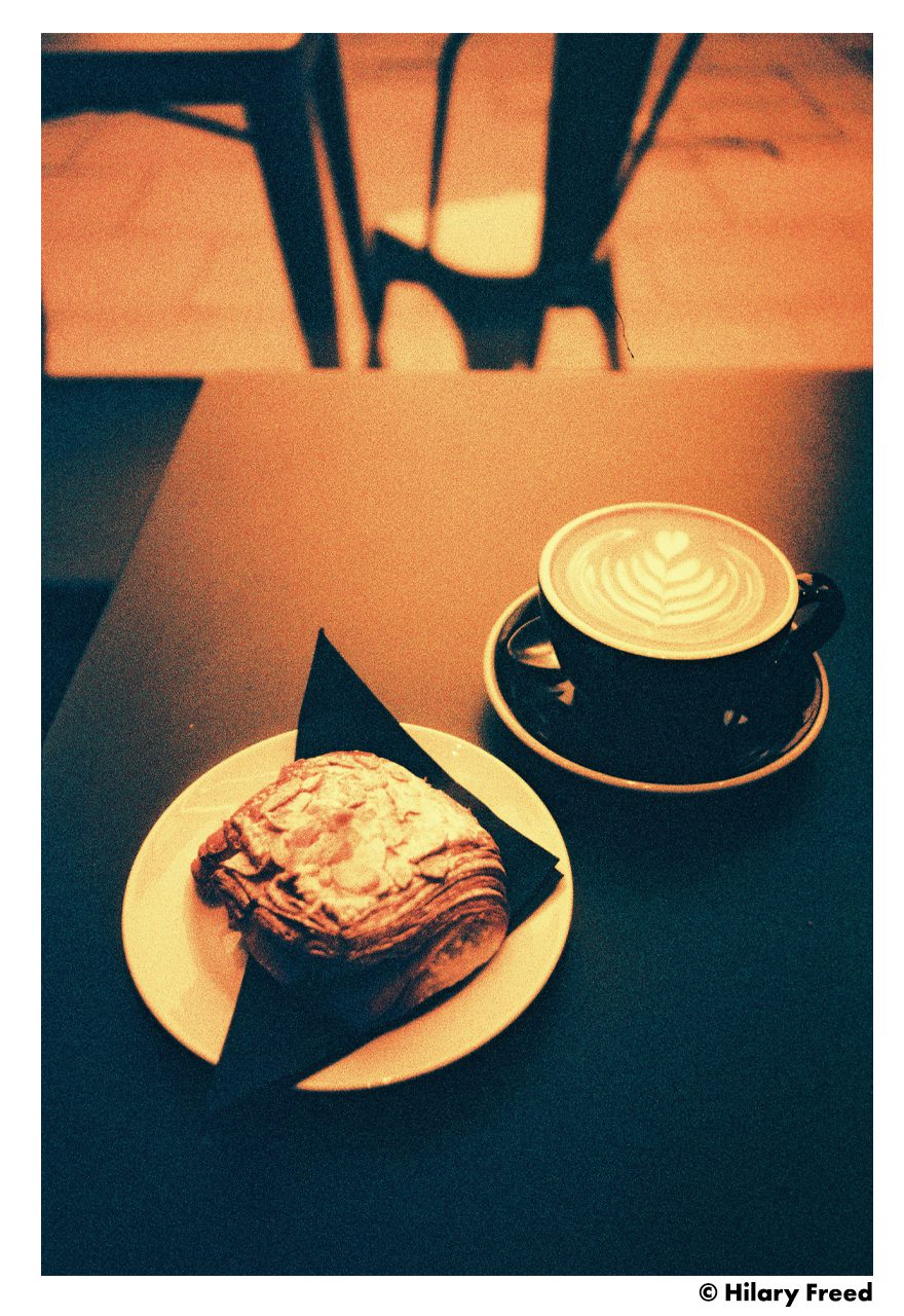 Image of coffee CUP AND PASTRY shot on HARMAN RED by Hilary Freed